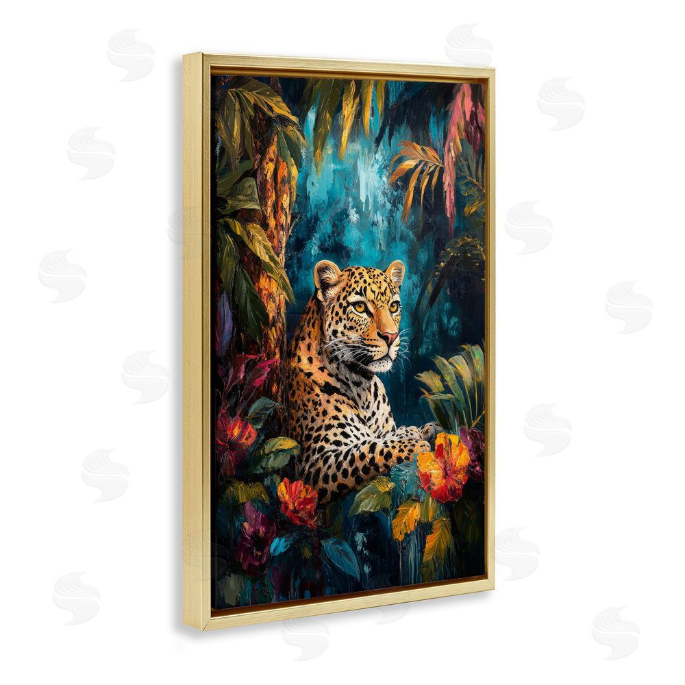 Petal Prints Design Wild Side Jungle Cat Gold Floating Frame Canvas Wall Art Print