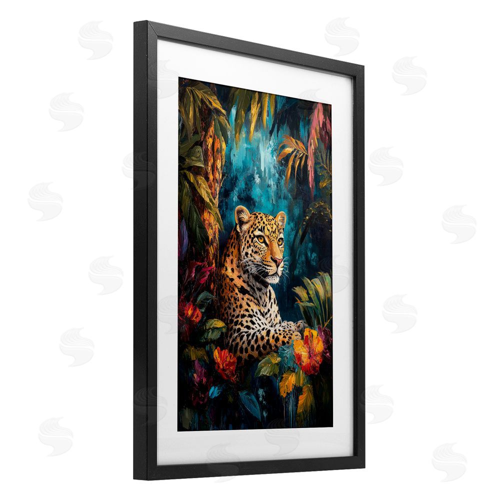 Petal Prints Design Wild Side Jungle Cat Black Framed Print Under Glass with White Mat Wall Art