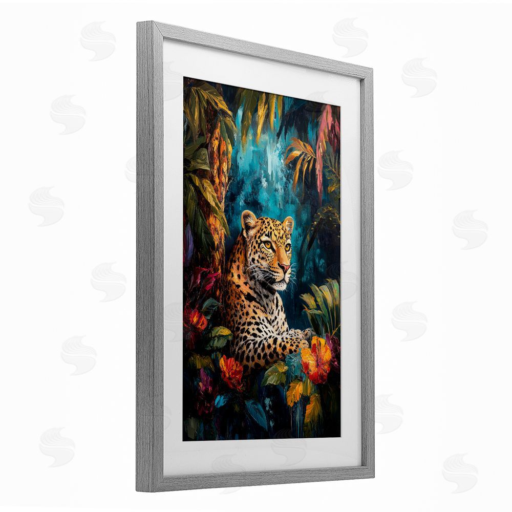 Petal Prints Design Wild Side Jungle Cat Gray Framed Print Under Glass with White Mat Wall Art