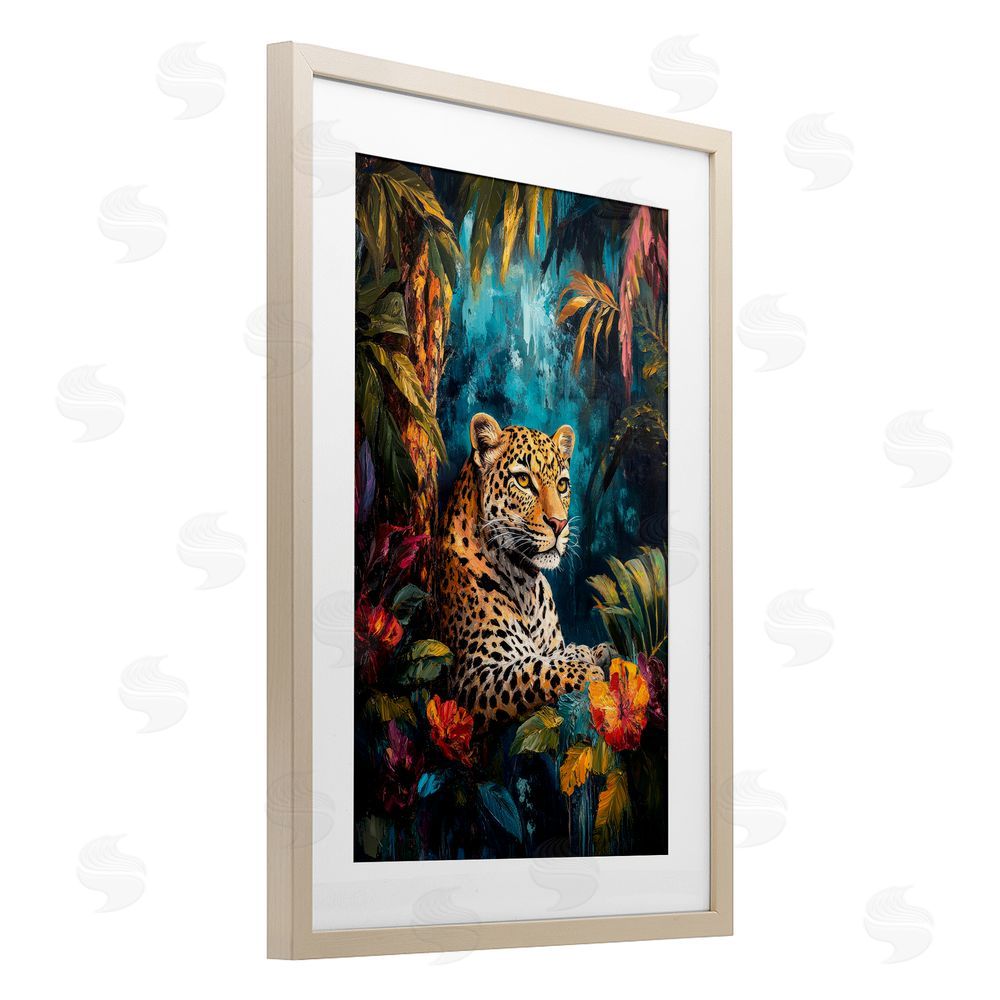 Petal Prints Design Wild Side Jungle Cat Birch Framed Print Under Glass with White Mat Wall Art