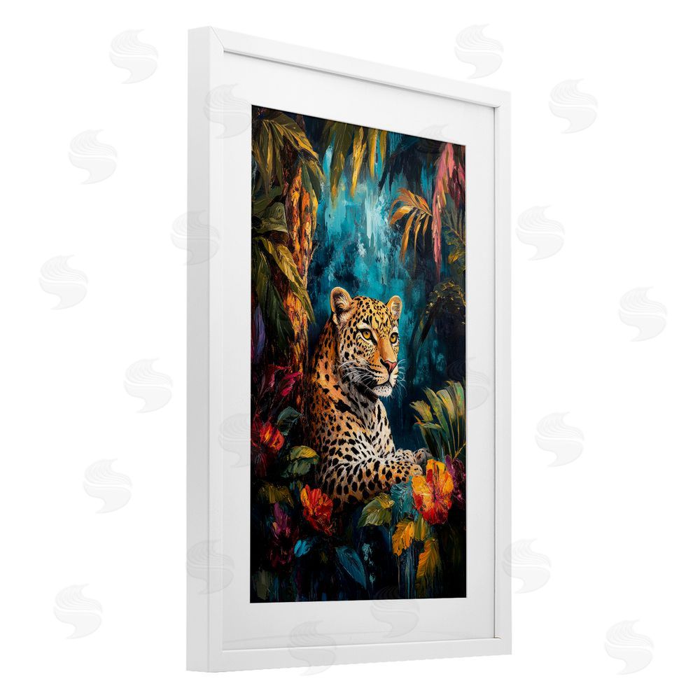 Petal Prints Design Wild Side Jungle Cat White Framed Print Under Glass with Mat Wall Art