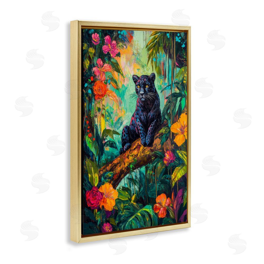 Petal Prints Design Wild Side Black Leopard Gold Floating Frame Canvas Wall Art Print