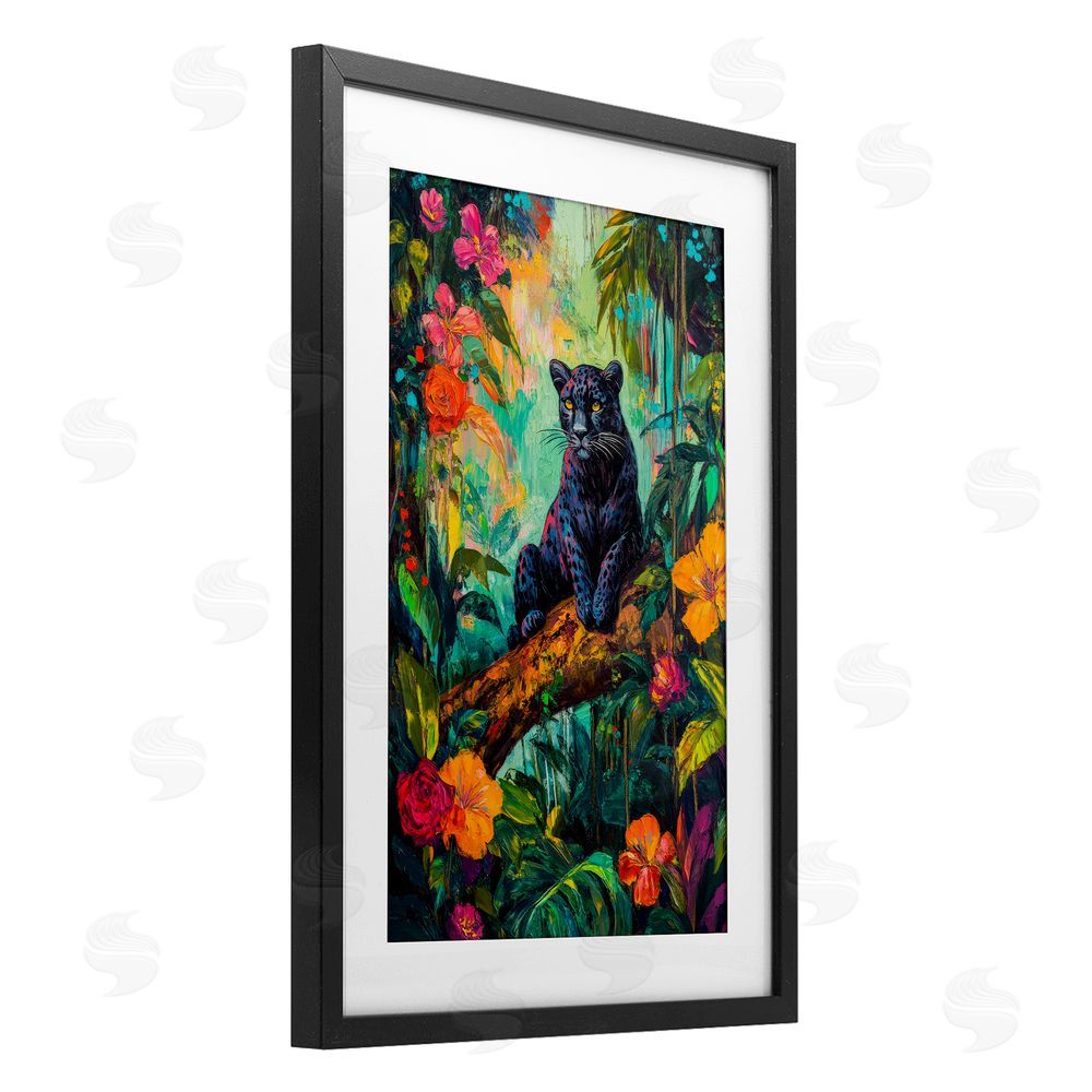 Petal Prints Design Wild Side Black Leopard Black Framed Print Under Glass with White Mat Wall Art