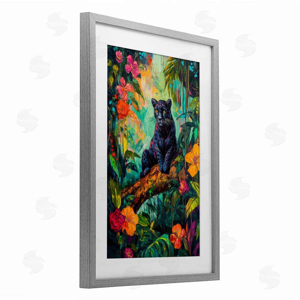 Petal Prints Design Wild Side Black Leopard Gray Framed Print Under Glass with White Mat Wall Art