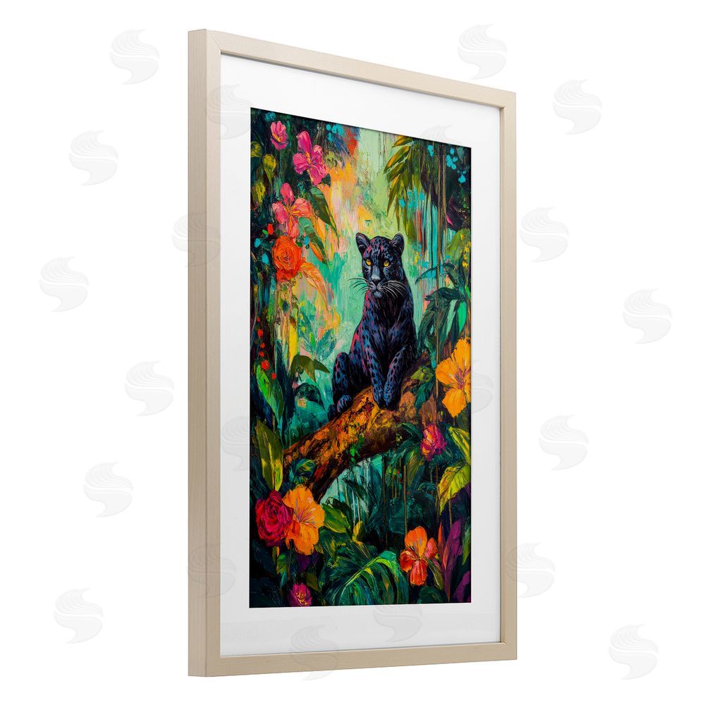 Petal Prints Design Wild Side Black Leopard Birch Framed Print Under Glass with White Mat Wall Art