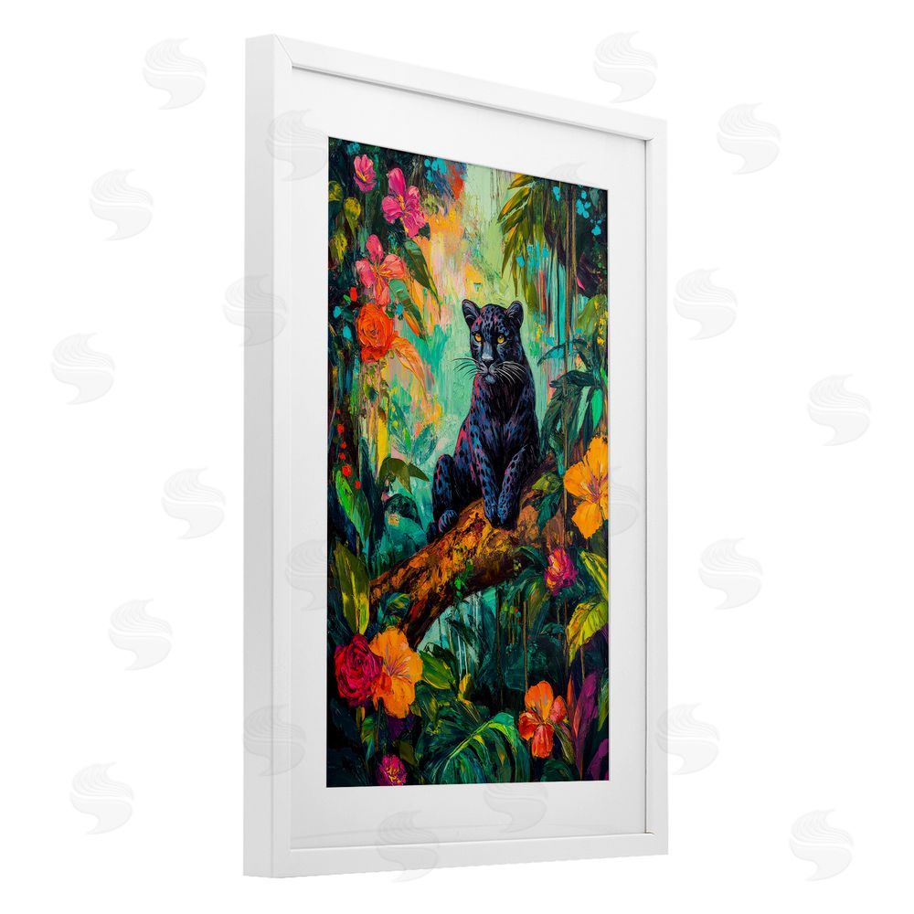 Petal Prints Design Wild Side Black Leopard White Framed Print Under Glass with Mat Wall Art