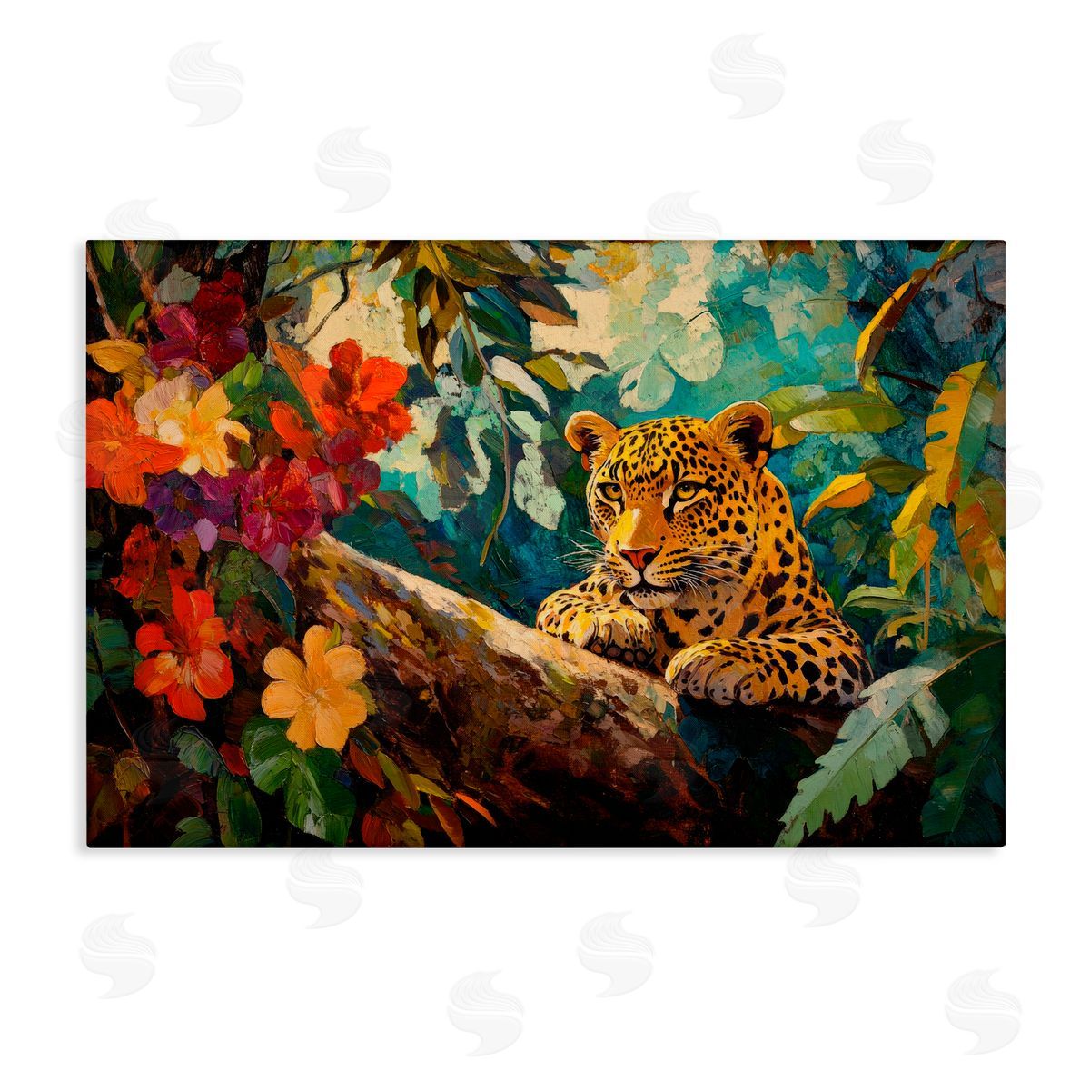 Petal Prints Design Perched Above Jungle Cat Canvas Wall Art Print