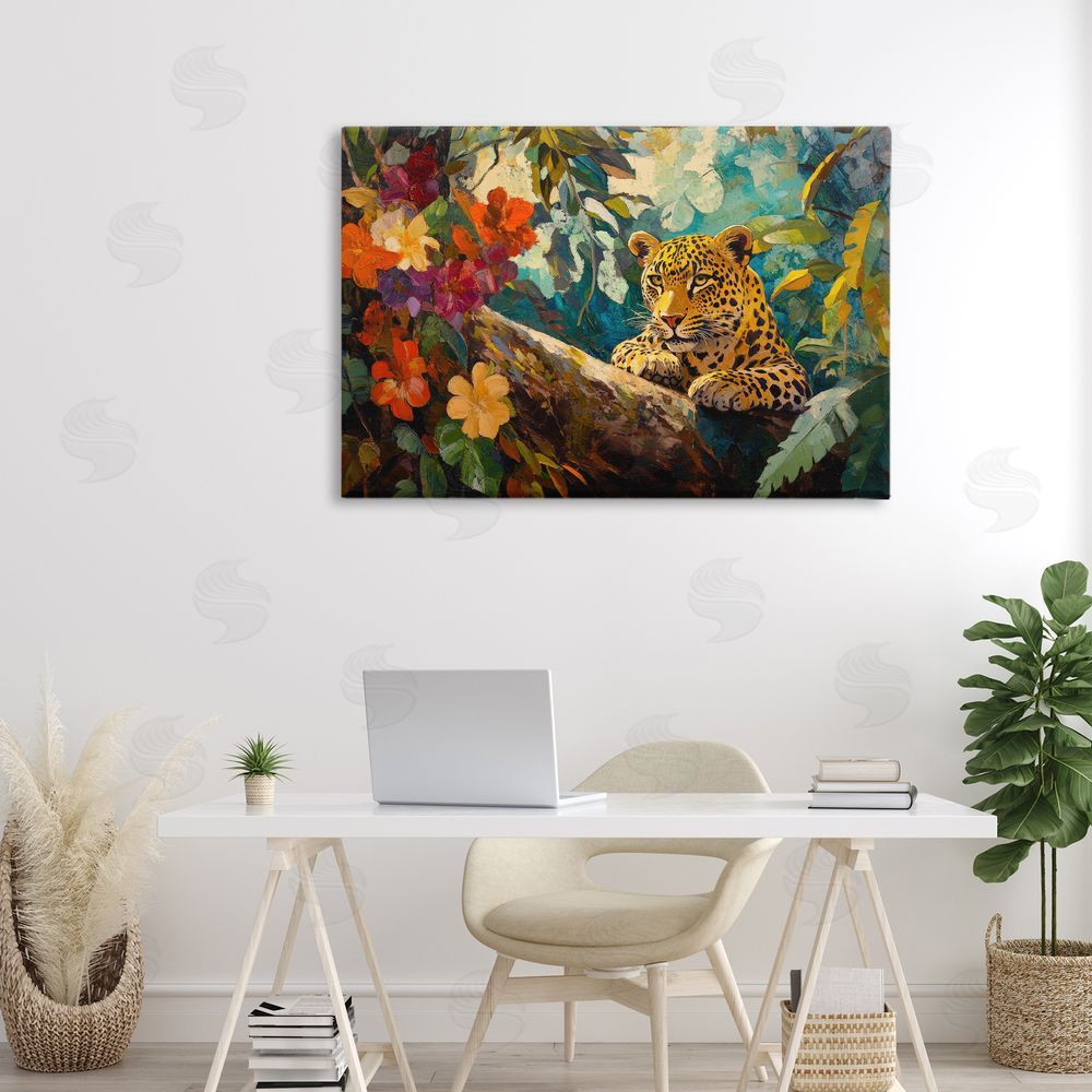 Petal Prints Design Perched Above Jungle Cat Canvas Art on Wall