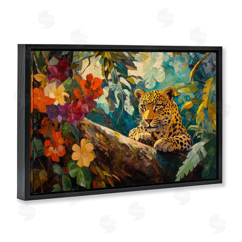 Petal Prints Design Perched Above Jungle Cat Black Floating Frame Canvas Wall Art Print