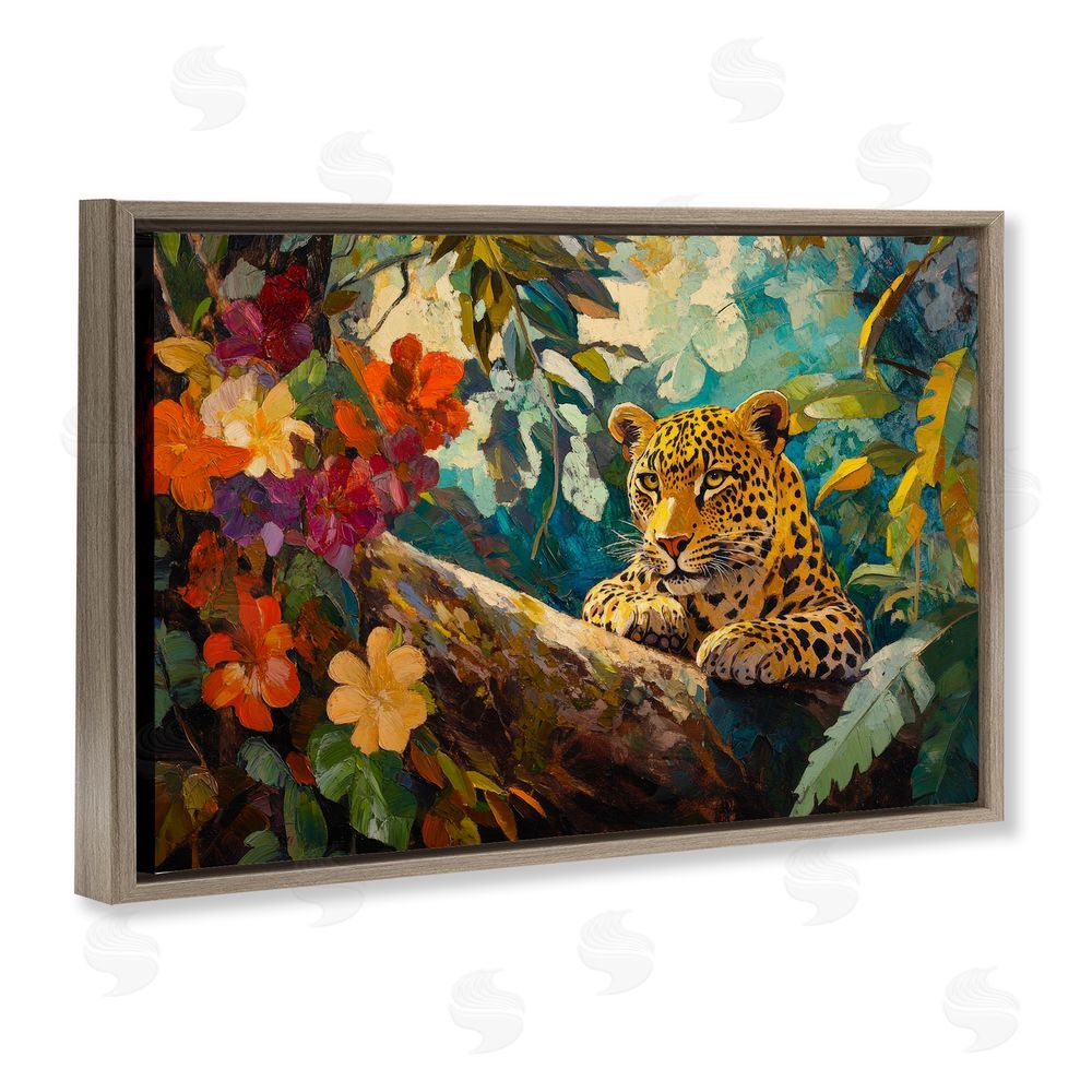 Petal Prints Design Perched Above Jungle Cat Brown Floating Frame Canvas Wall Art Print