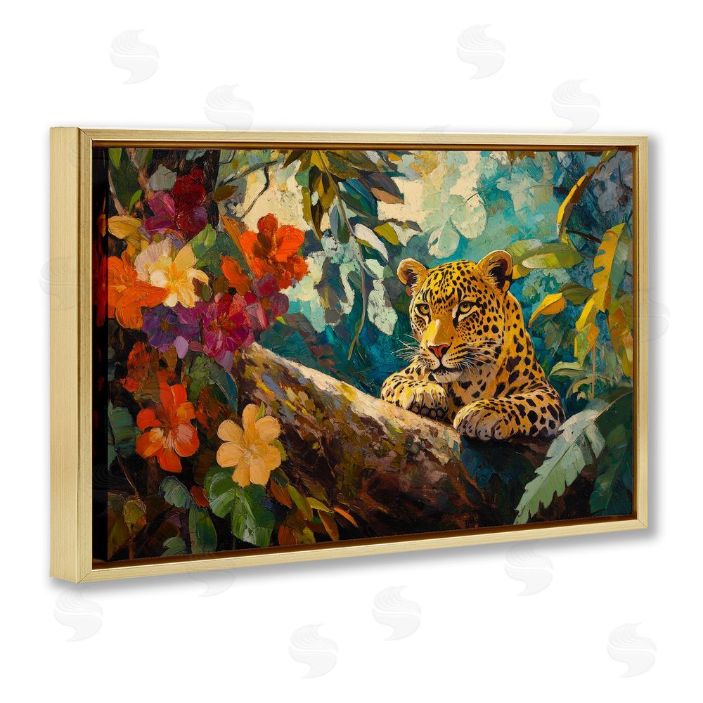 Petal Prints Design Perched Above Jungle Cat Gold Floating Frame Canvas Wall Art Print