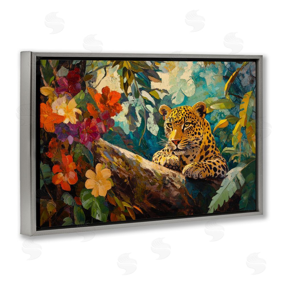 Petal Prints Design Perched Above Jungle Cat Gray Floating Frame Canvas Wall Art Print