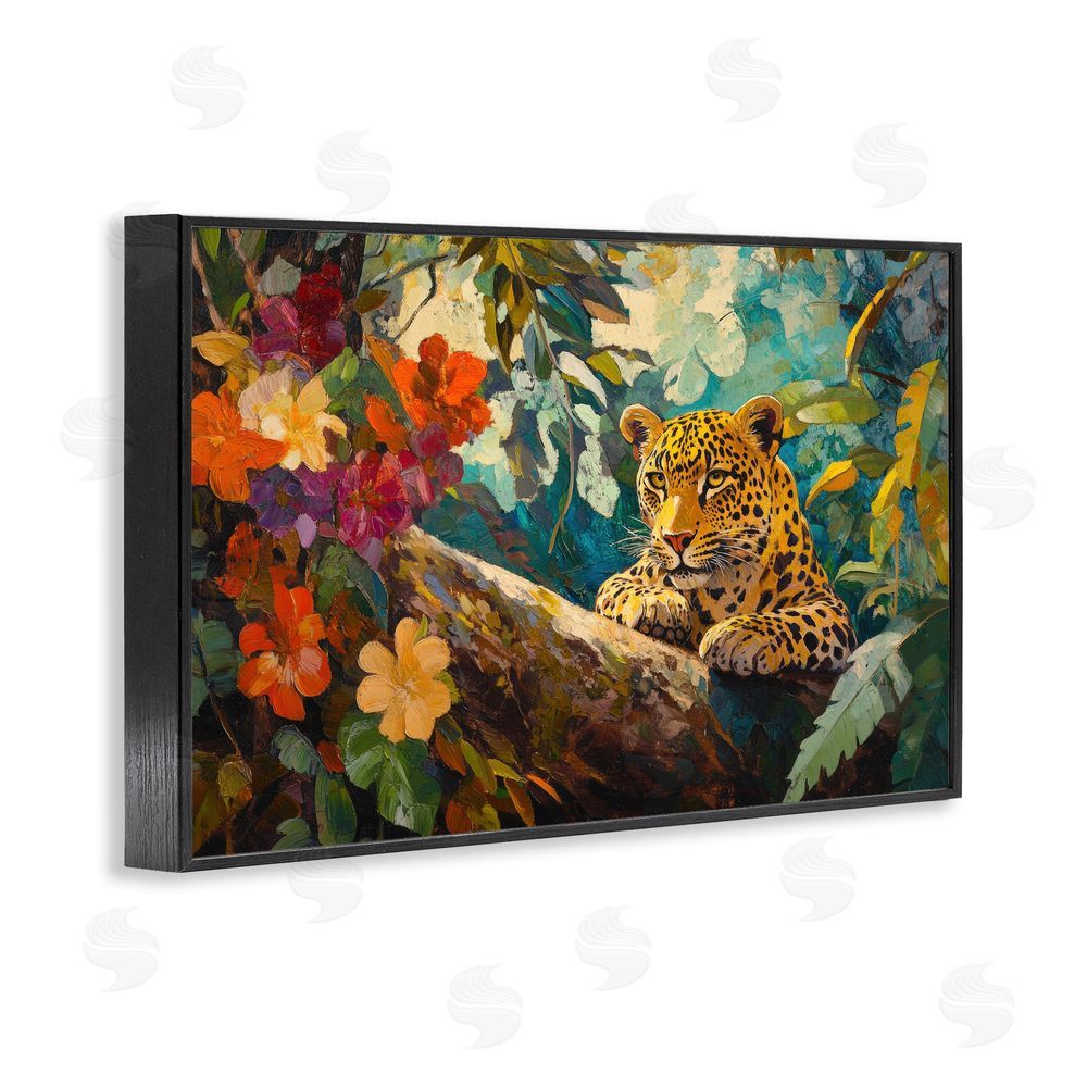 Petal Prints Design Perched Above Jungle Cat Black Framed Giclee Wall Art Print