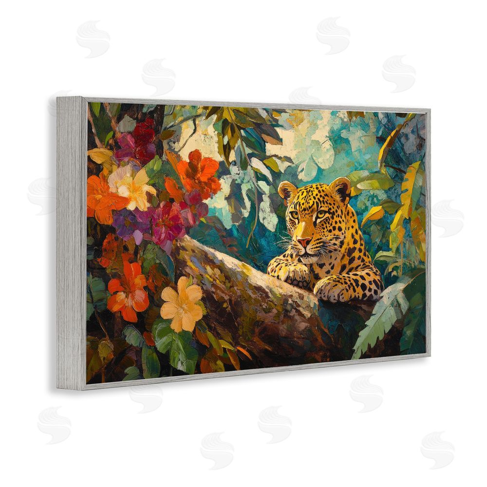 Petal Prints Design Perched Above Jungle Cat Gray Framed Giclee Wall Art Print