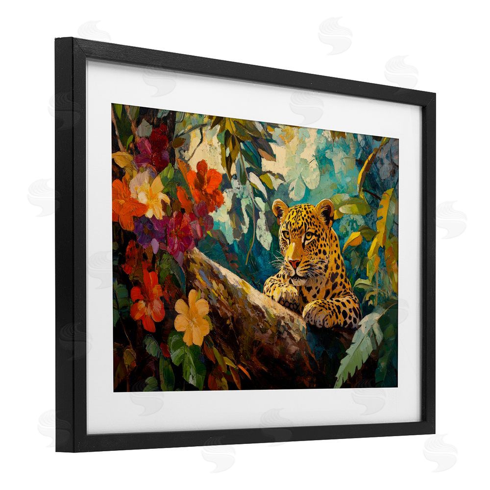 Petal Prints Design Perched Above Jungle Cat Black Framed Print Under Glass with White Mat Wall Art