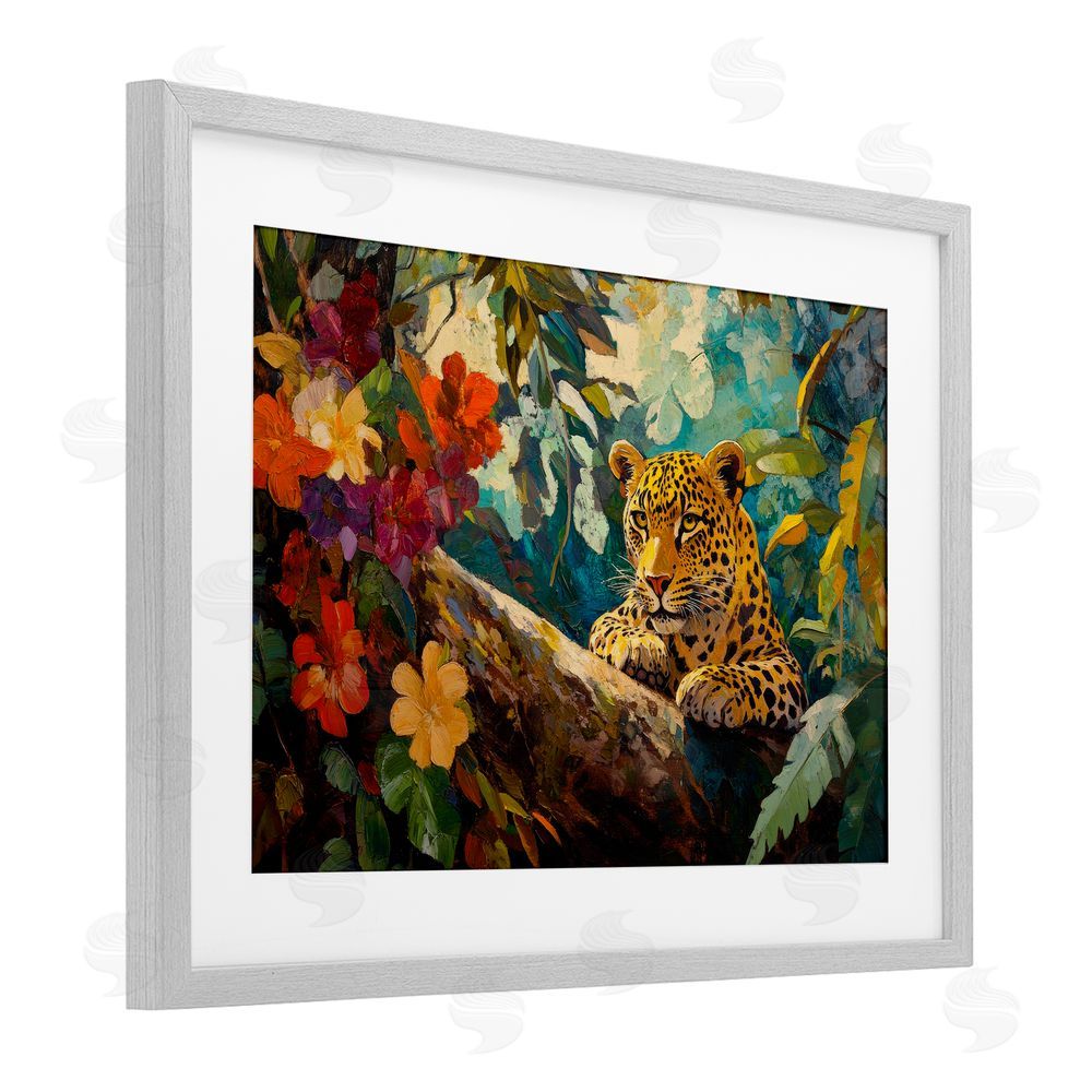 Petal Prints Design Perched Above Jungle Cat Gray Framed Print Under Glass with White Mat Wall Art
