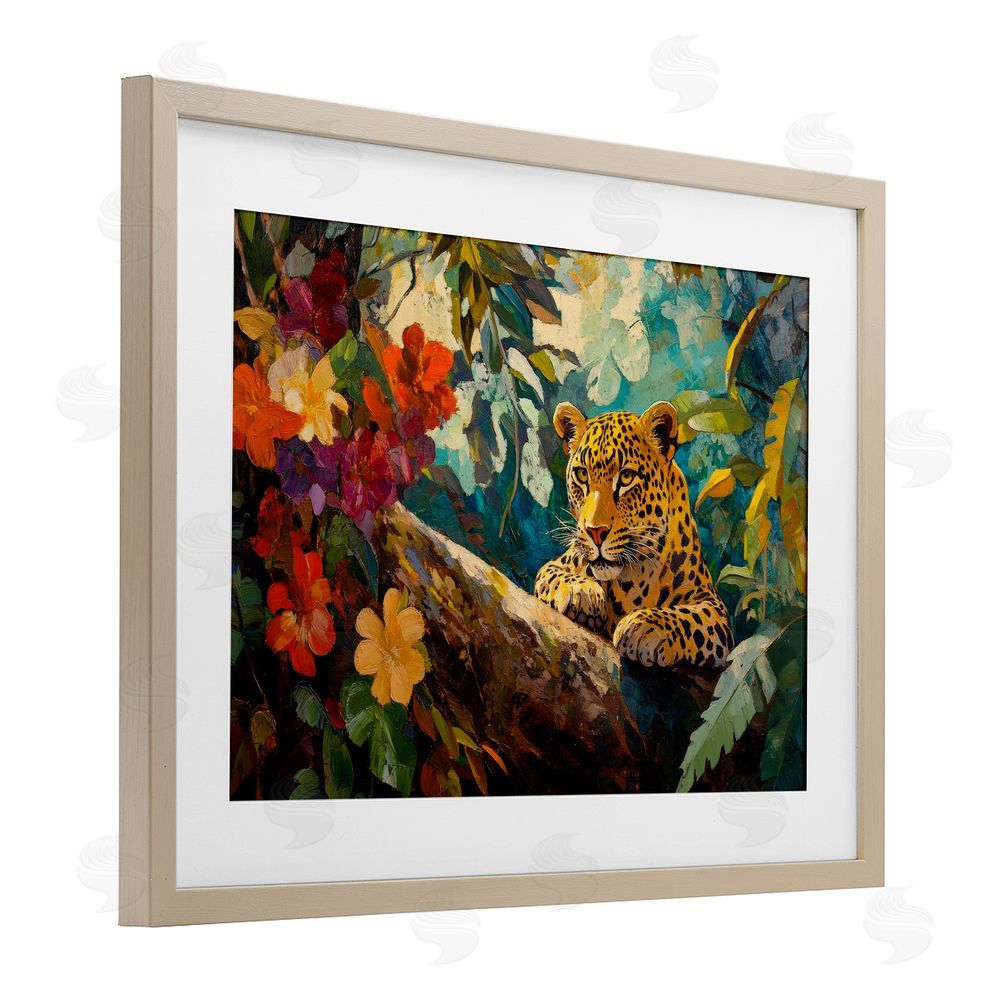 Petal Prints Design Perched Above Jungle Cat Birch Framed Print Under Glass with White Mat Wall Art