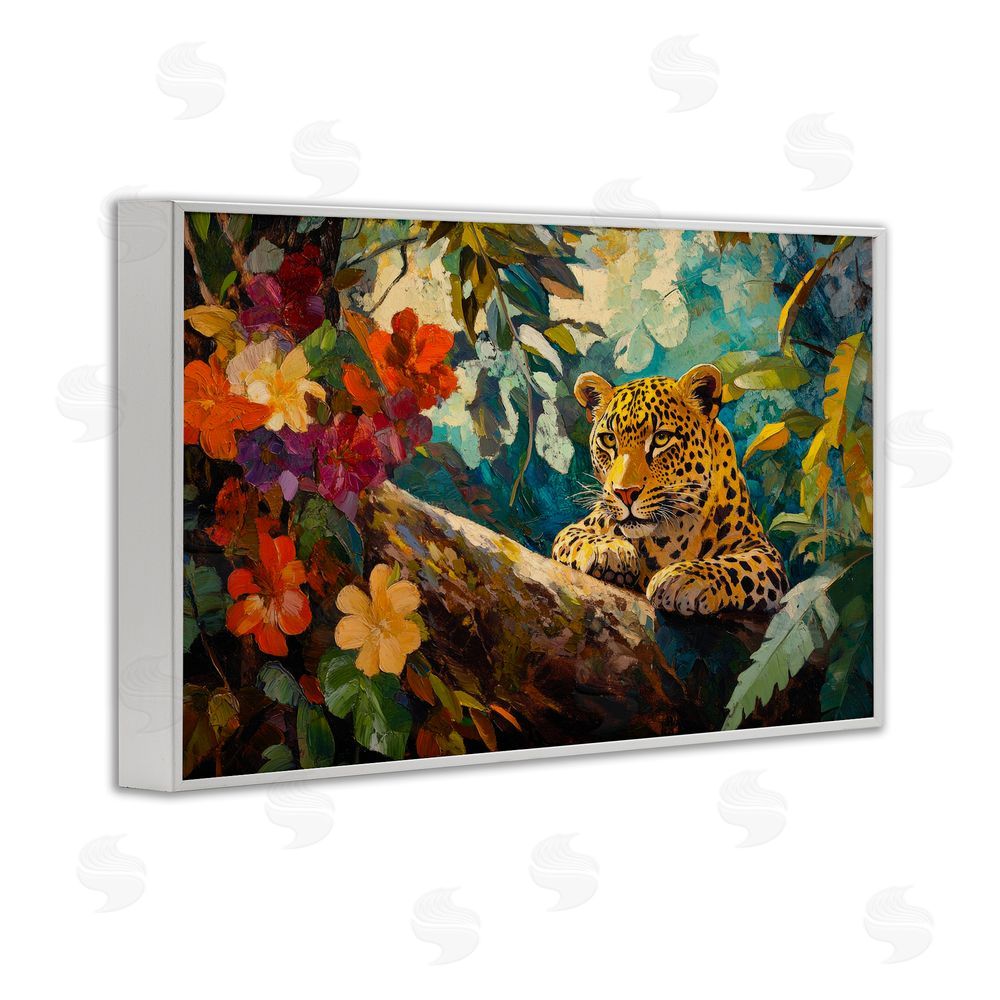 Petal Prints Design Perched Above Jungle Cat White Framed Giclee Wall Art Print