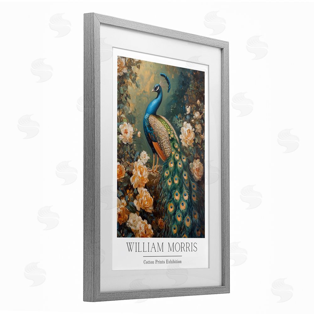 Petal Prints Design Vintage Morris Inspired Blue Peacock Gray Framed Print Under Glass with White Mat Wall Art