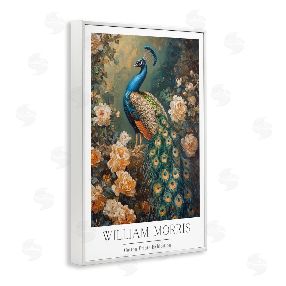 Petal Prints Design Vintage Morris Inspired Blue Peacock White Framed Giclee Wall Art Print