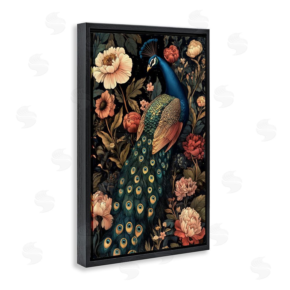 Petal Prints Design Vintage Peacock in Florals Black Floating Frame Canvas Wall Art Print