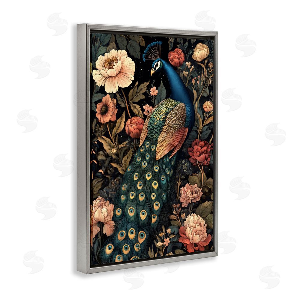 Petal Prints Design Vintage Peacock in Florals Gray Floating Frame Canvas Wall Art Print