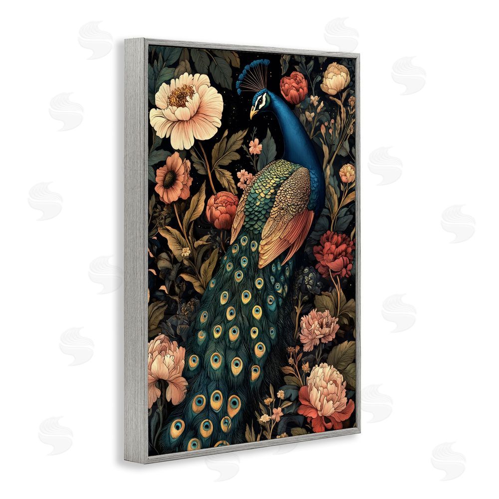 Petal Prints Design Vintage Peacock in Florals Gray Framed Giclee Wall Art Print