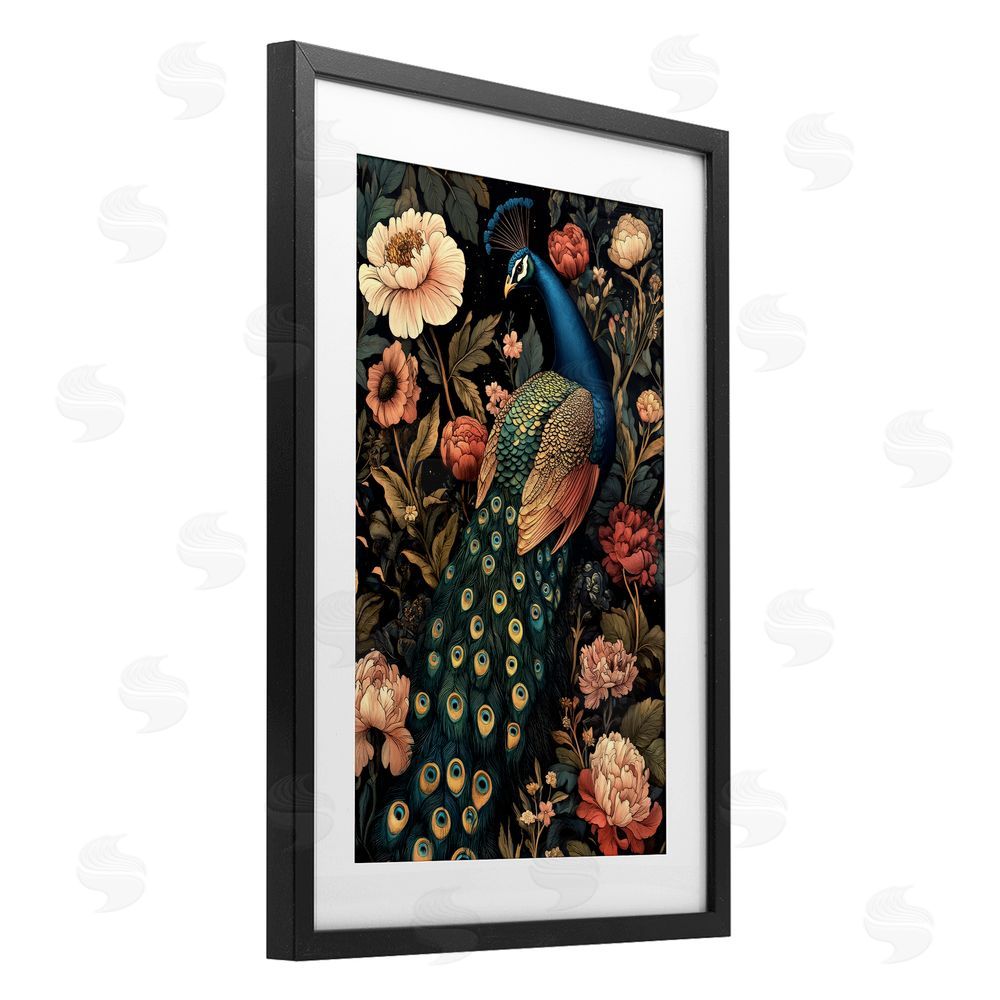Petal Prints Design Vintage Peacock in Florals Black Framed Print Under Glass with White Mat Wall Art