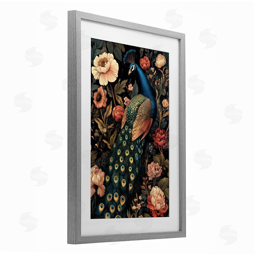 Petal Prints Design Vintage Peacock in Florals Gray Framed Print Under Glass with White Mat Wall Art