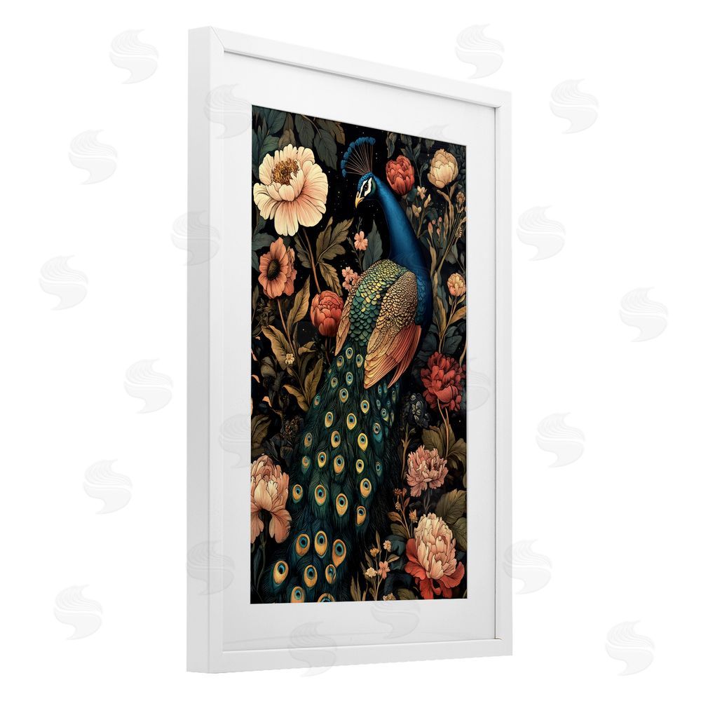 Petal Prints Design Vintage Peacock in Florals White Framed Print Under Glass with Mat Wall Art