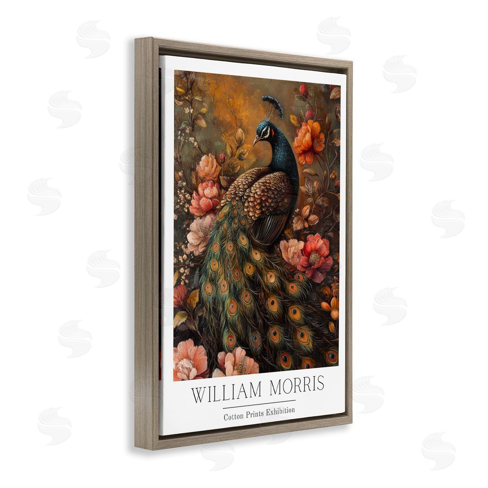 Petal Prints Design Vintage Morris Inspired Red Peacock Brown Floating Frame Canvas Wall Art Print