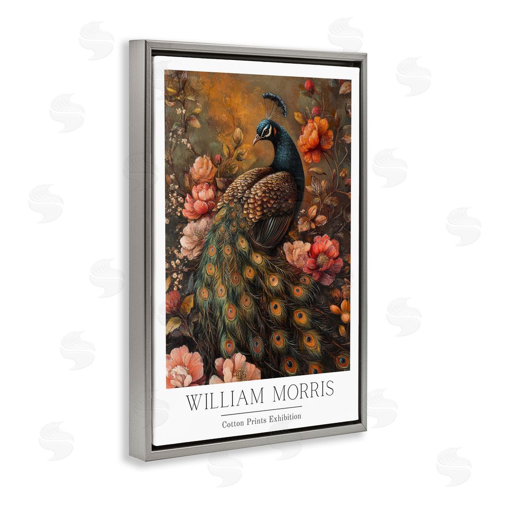 Petal Prints Design Vintage Morris Inspired Red Peacock Gray Floating Frame Canvas Wall Art Print