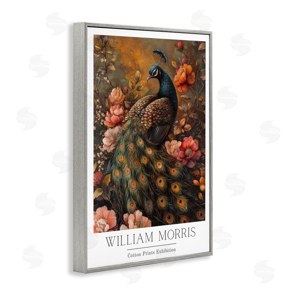 Petal Prints Design Vintage Morris Inspired Red Peacock Gray Framed Giclee Wall Art Print