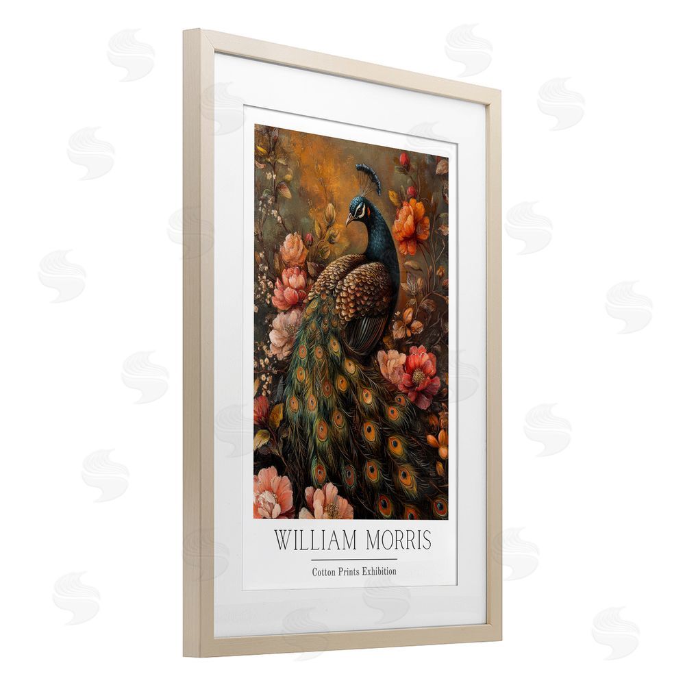 Petal Prints Design Vintage Morris Inspired Red Peacock Birch Framed Print Under Glass with White Mat Wall Art