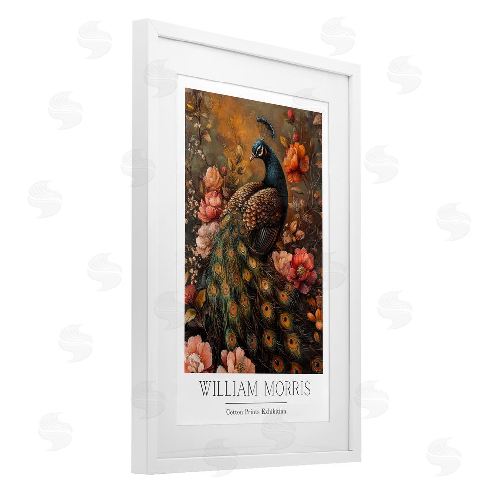 Petal Prints Design Vintage Morris Inspired Red Peacock White Framed Print Under Glass with Mat Wall Art