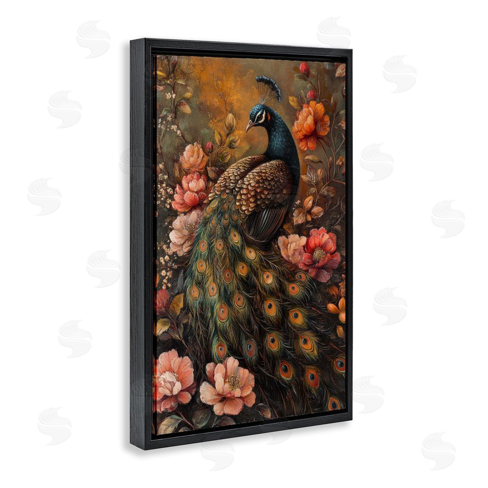 Petal Prints Design Red Morris Inspired Peacock Black Floating Frame Canvas Wall Art Print