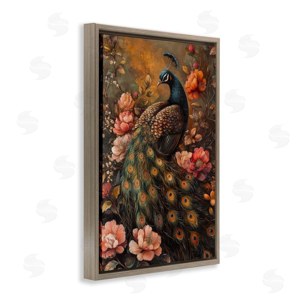 Petal Prints Design Red Morris Inspired Peacock Brown Floating Frame Canvas Wall Art Print