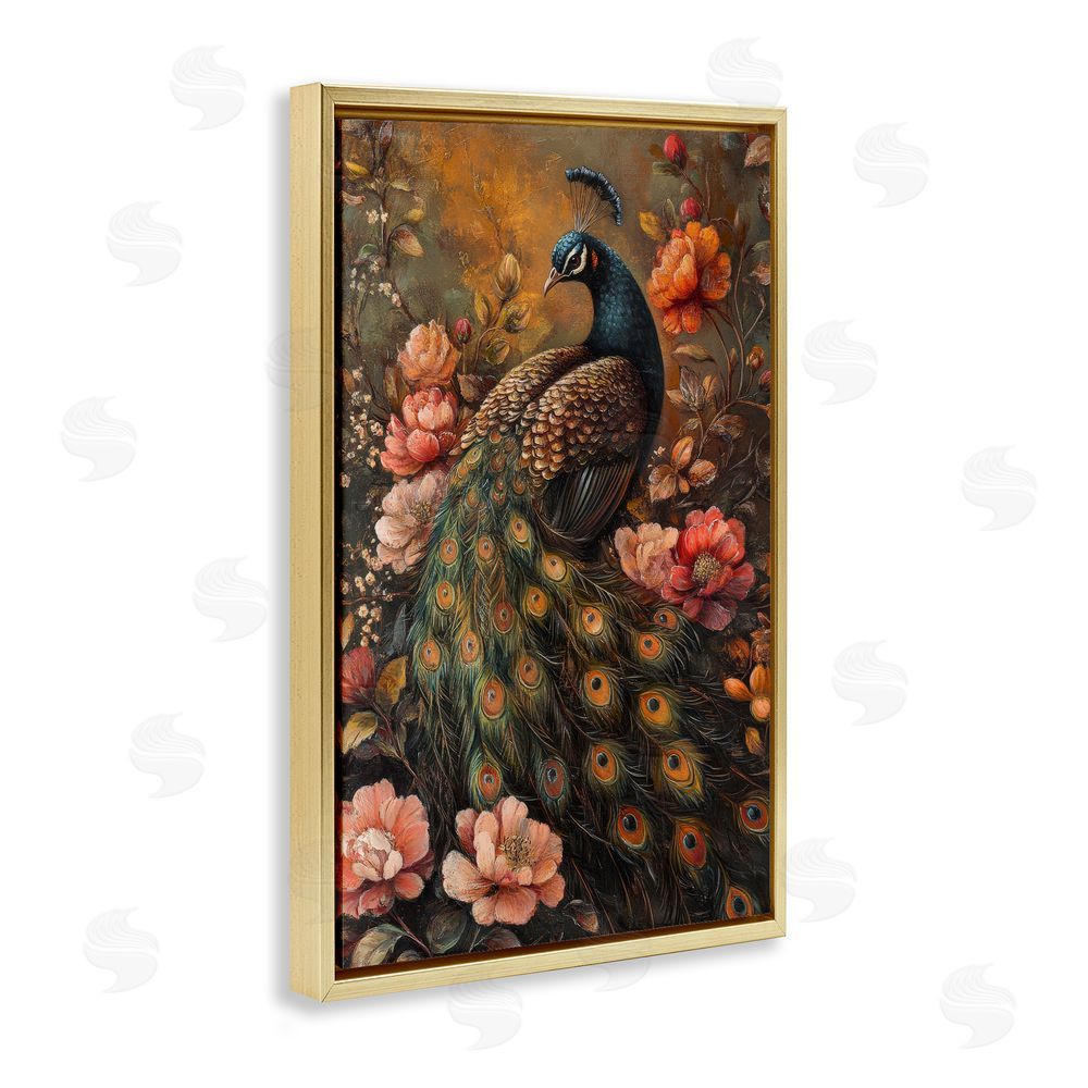 Petal Prints Design Red Morris Inspired Peacock Gold Floating Frame Canvas Wall Art Print