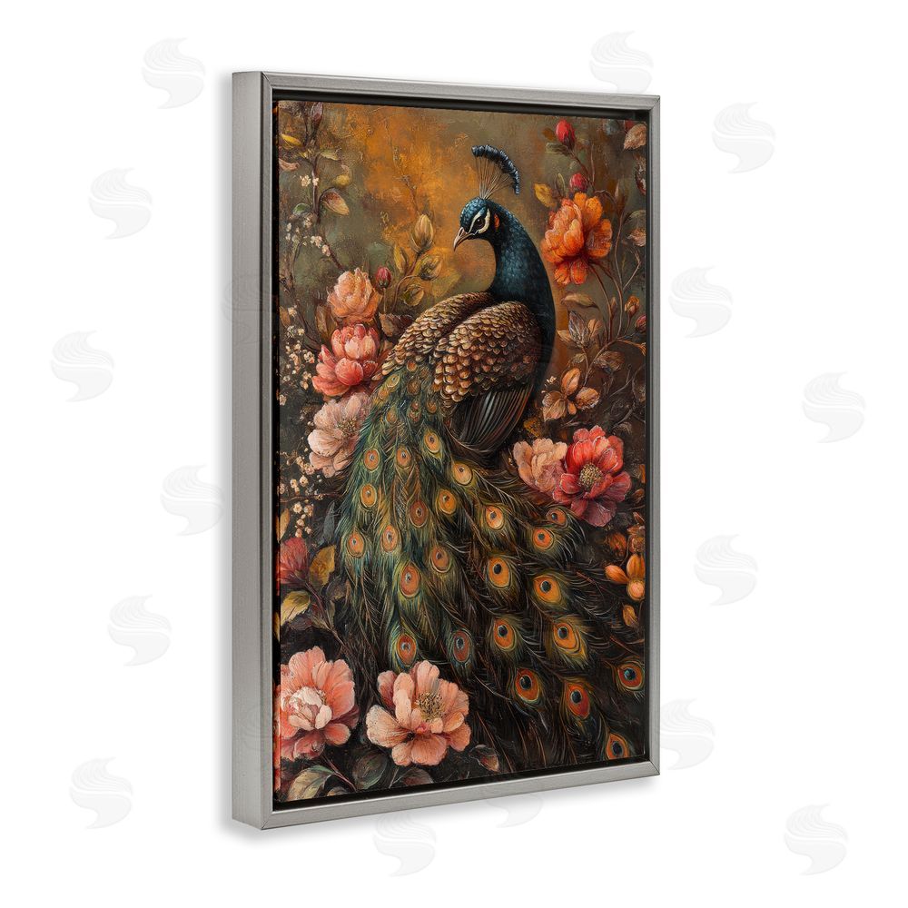 Petal Prints Design Red Morris Inspired Peacock Gray Floating Frame Canvas Wall Art Print
