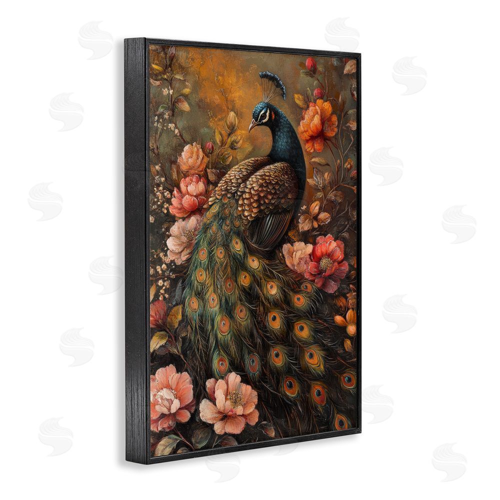 Petal Prints Design Red Morris Inspired Peacock Black Framed Giclee Wall Art Print