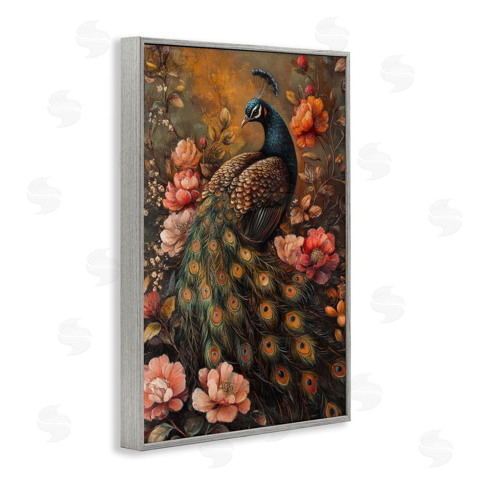 Petal Prints Design Red Morris Inspired Peacock Gray Framed Giclee Wall Art Print