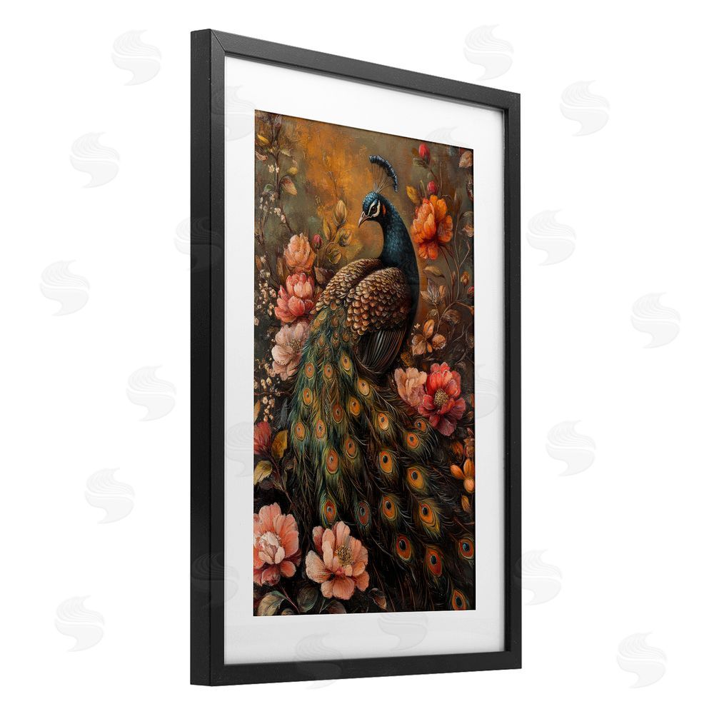 Petal Prints Design Red Morris Inspired Peacock Black Framed Print Under Glass with White Mat Wall Art