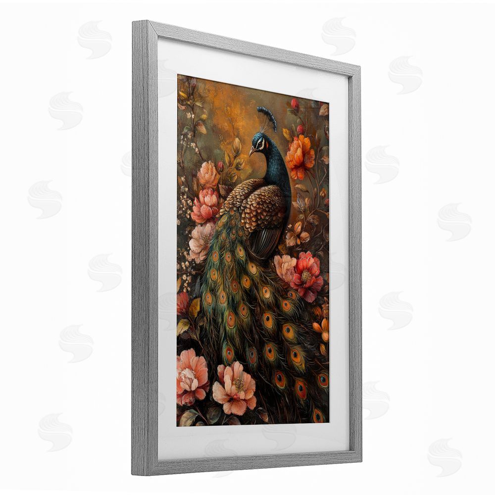 Petal Prints Design Red Morris Inspired Peacock Gray Framed Print Under Glass with White Mat Wall Art