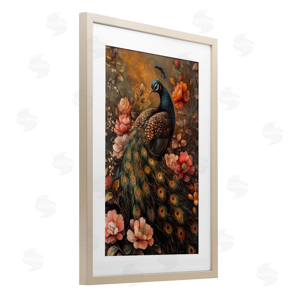 Petal Prints Design Red Morris Inspired Peacock Birch Framed Print Under Glass with White Mat Wall Art