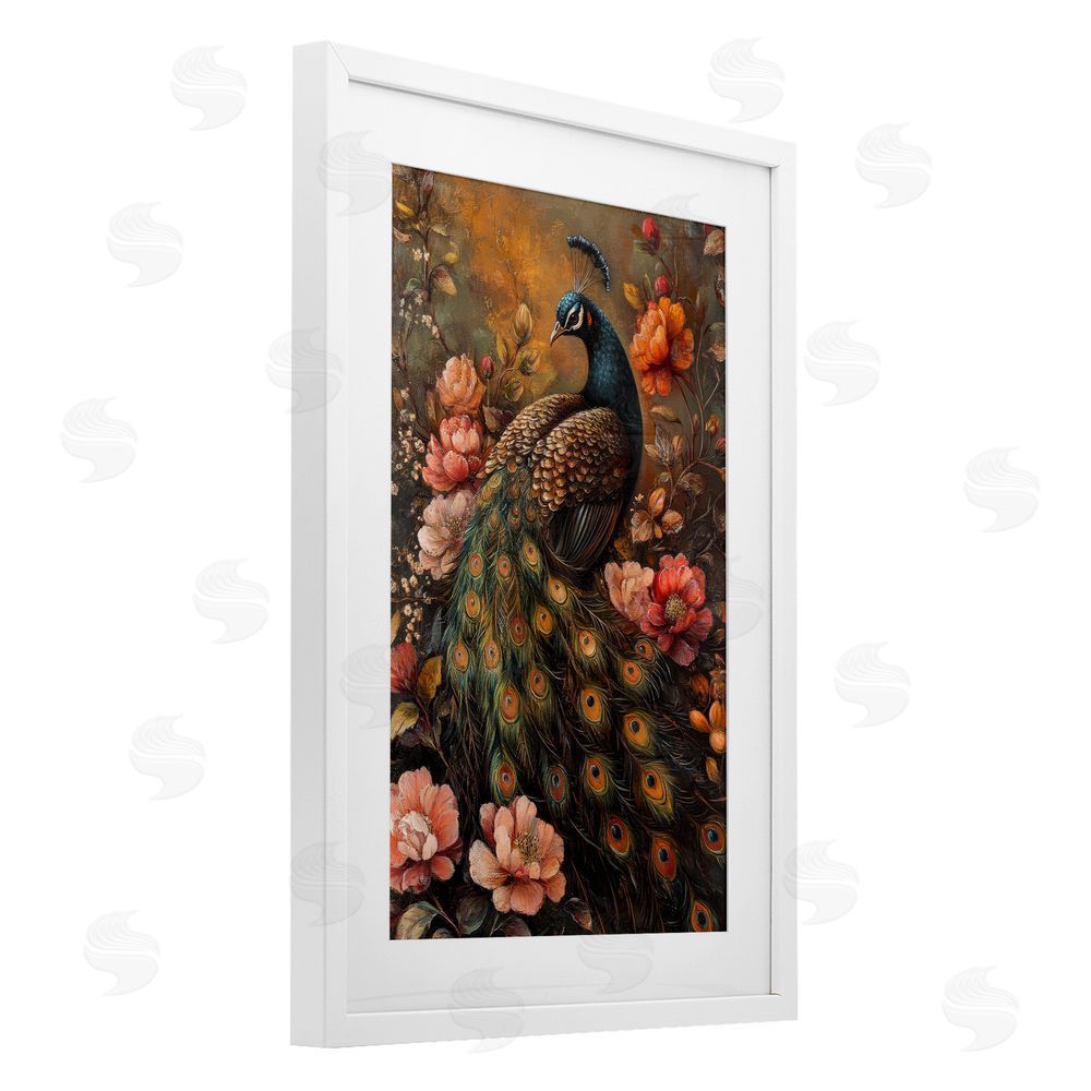 Petal Prints Design Red Morris Inspired Peacock White Framed Print Under Glass with Mat Wall Art