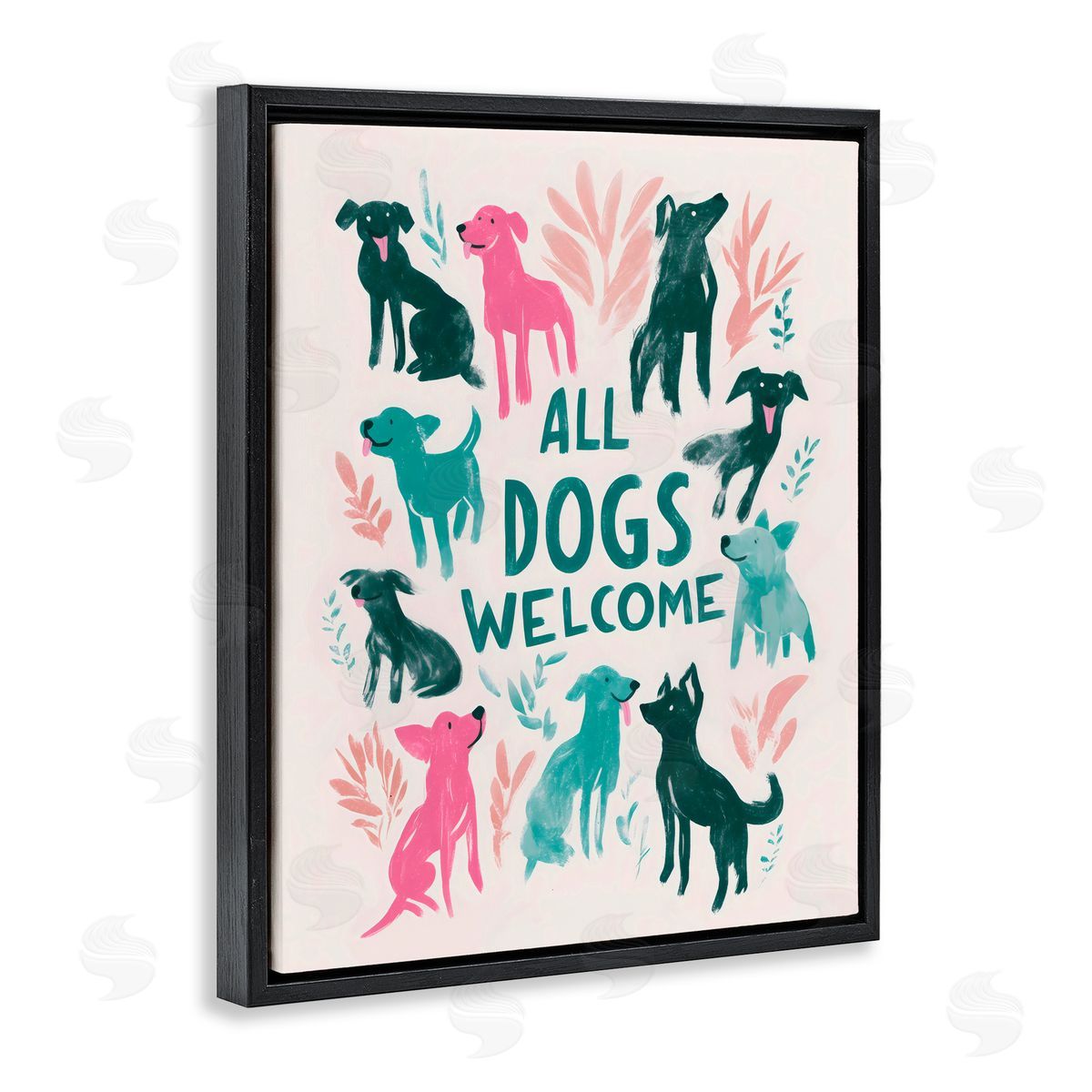 Arlington Prints All Dogs Welcome Pastels Black Floating Frame Canvas Wall Art Print
