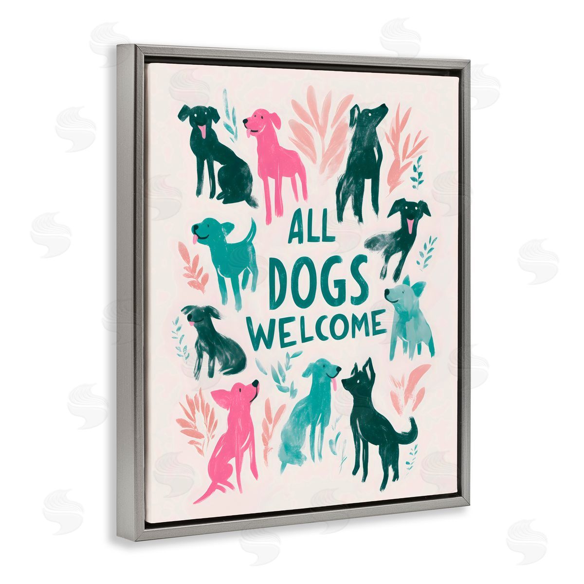 Arlington Prints All Dogs Welcome Pastels Gray Floating Frame Canvas Art Print