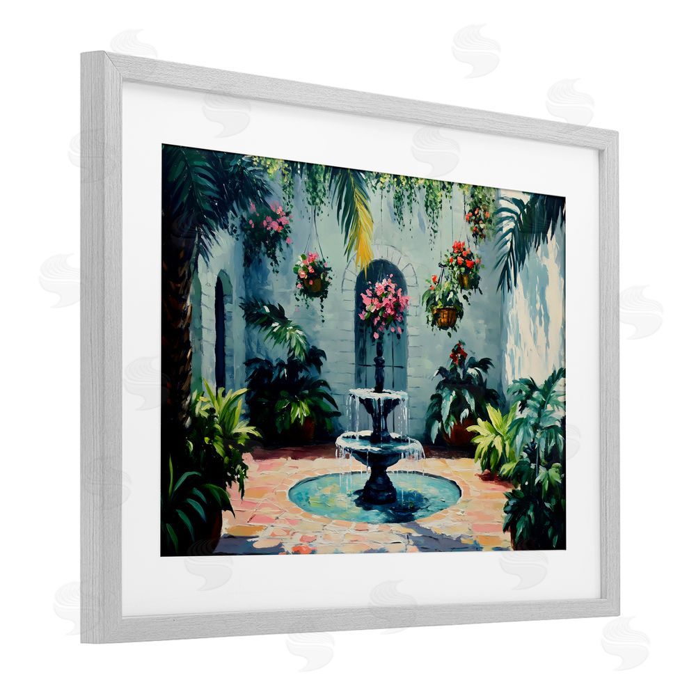 Franklyn Gregory Floral Fountain Courtyard Gray Framed Print Under Glass with White Mat Wall Art