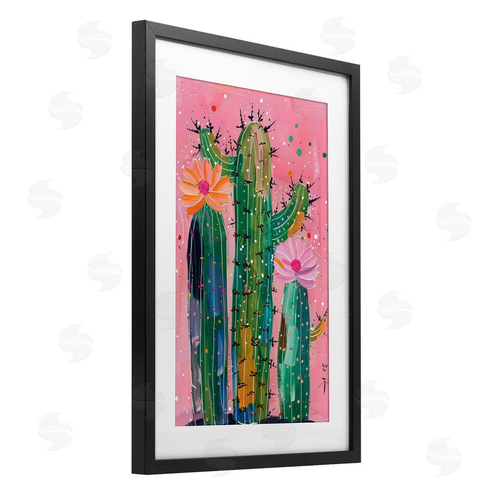 LSR Design Studio Creative Cactus over Pink Black Framed Print Under Glass with White Mat Wall Art