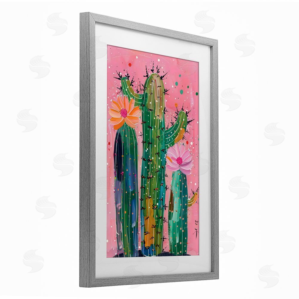 LSR Design Studio Creative Cactus over Pink Gray Framed Print Under Glass with White Mat Wall Art